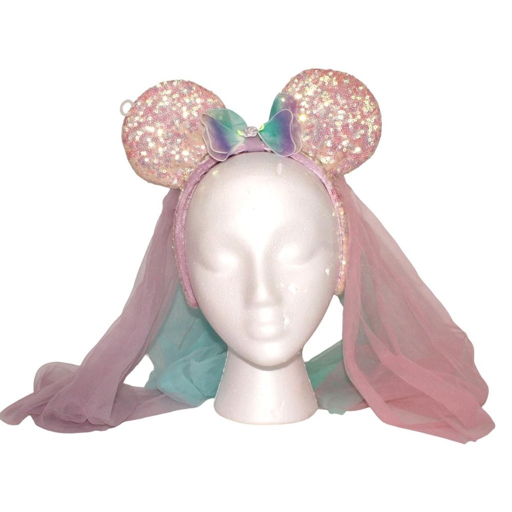 Disney Parks Resort Minnie Mouse Ears Fairy Wings Sequin Pink Purple Tulle Veil - Picture 1 of 8